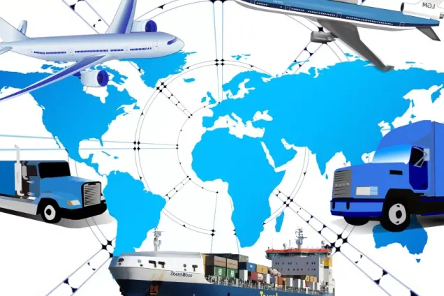 En grafik med flygplan, lastbilar och containerfartyg.
